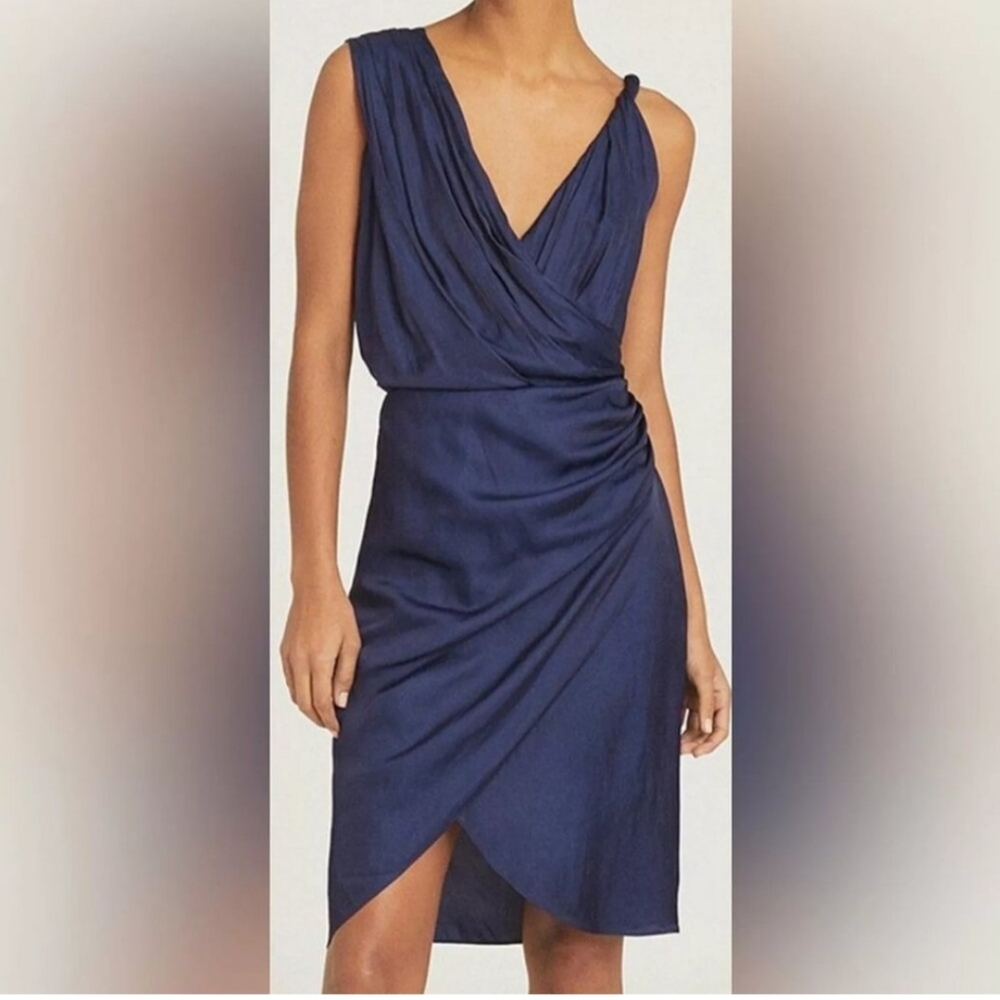 Reiss Elegant Blue Draped Satin Dress, Size US8/UK12, NEW